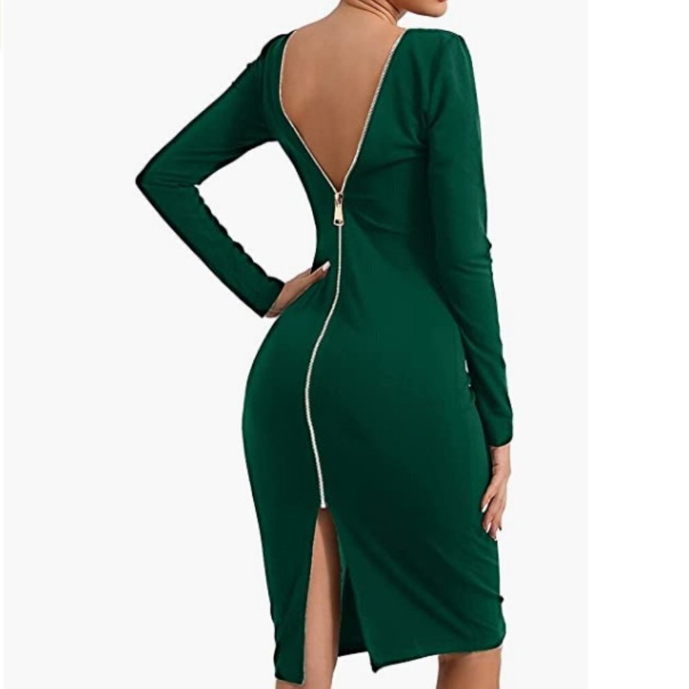 Backless Dress Slit Hem Long Sleeve Pencil Dress Zip-Up Bodycon Midi SMALL - Picture 1 of 7